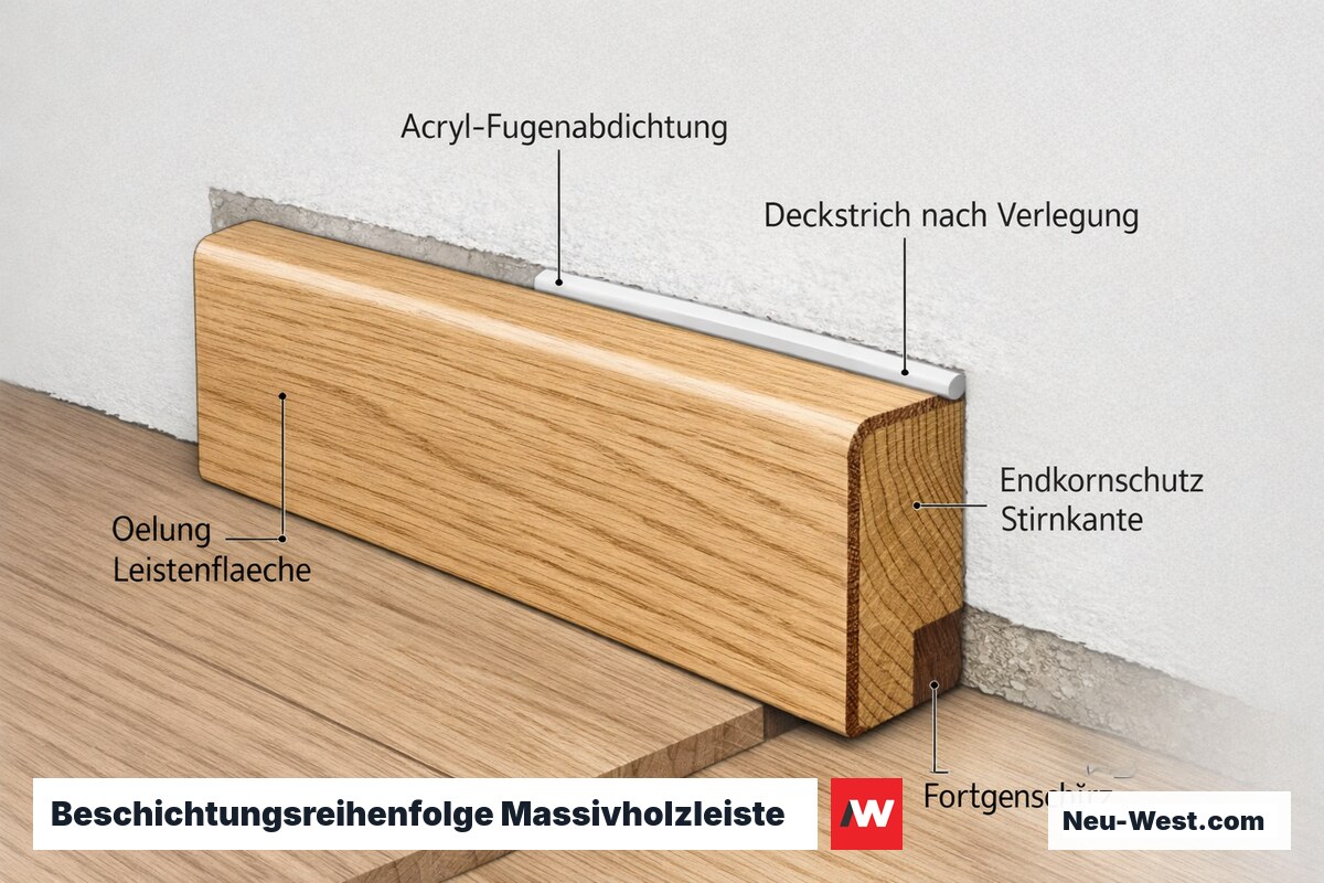 Querschnitt einer Massivholz-Leiste: geölte Flächen, Endkornschutz an der Stirnkante, Acryl-Fugenabdichtung und abschließender Deckstrich nach der Verlegung.