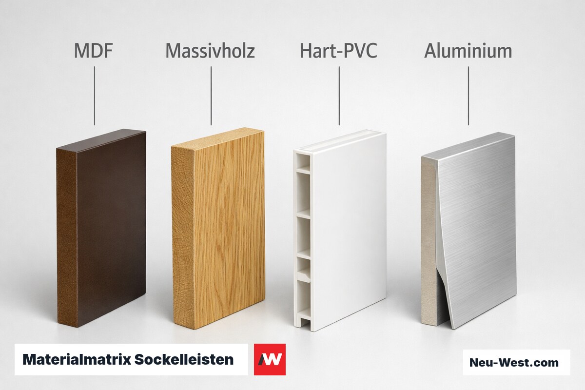Materialmatrix Sockelleisten: MDF / Massivholz / Hart-PVC / Aluminium – Erklär-Grafik (NEUWEST Berlin)