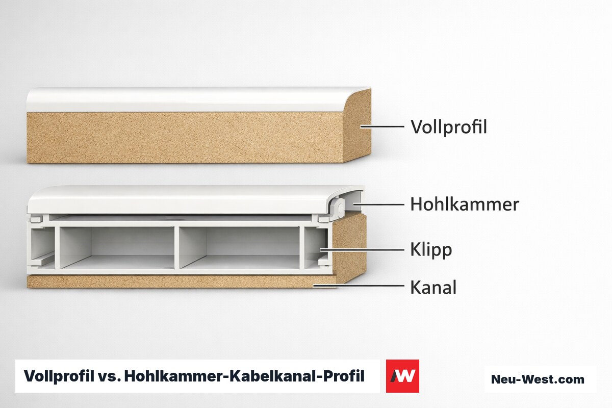 Vollprofil vs. Hohlkammer-Kabelkanal-Profil im Querschnitt – Erklär-Grafik (NEUWEST Berlin)