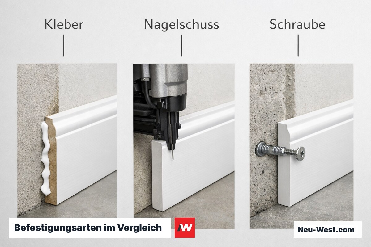 Befestigungsarten im Vergleich: Kleben / Nagelschuss / Schraube+Dübel – Erklär-Grafik (NEUWEST Berlin)