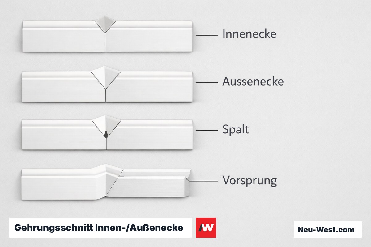 Gehrungsschnitt Innen-/Außenecke: Geometrie und typische Fehlerbilder – Erklär-Grafik (NEUWEST Berlin)