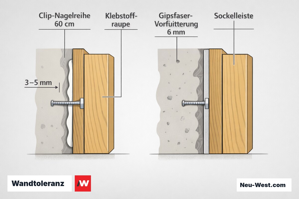 Vergleichsgrafik: Sockelleisten-Montage bei Wandabweichung 3–5 mm mit Clip-Nagelreihe im 60-cm-Raster versus über 5 mm mit 6-mm-Gipsfaser-Vorfütterung.