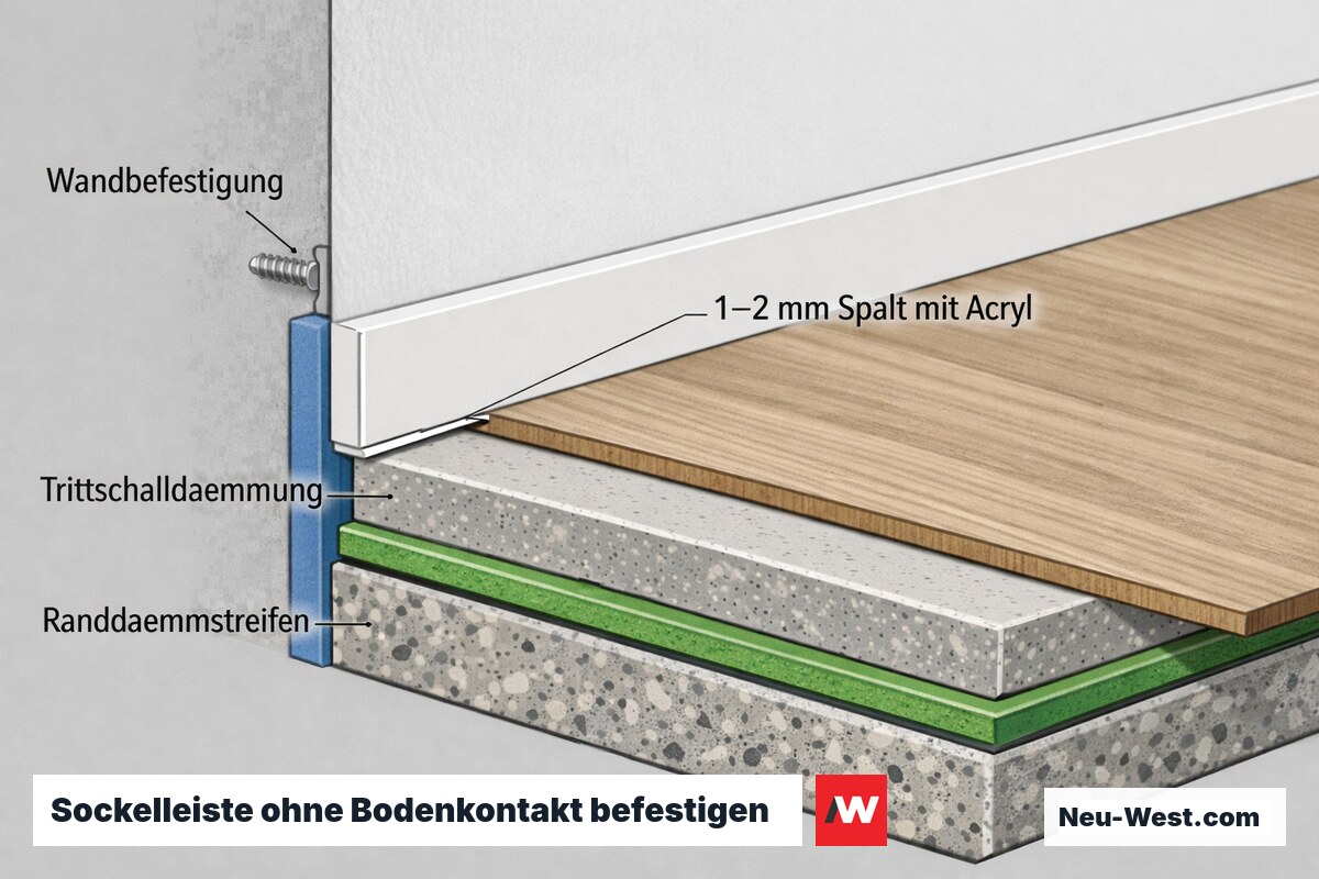 Querschnitt einer nur an der Wand befestigten Sockelleiste mit Acryl-Spalt zum schwimmenden Estrich und Trittschalldämmung ohne mechanischen Kontakt.