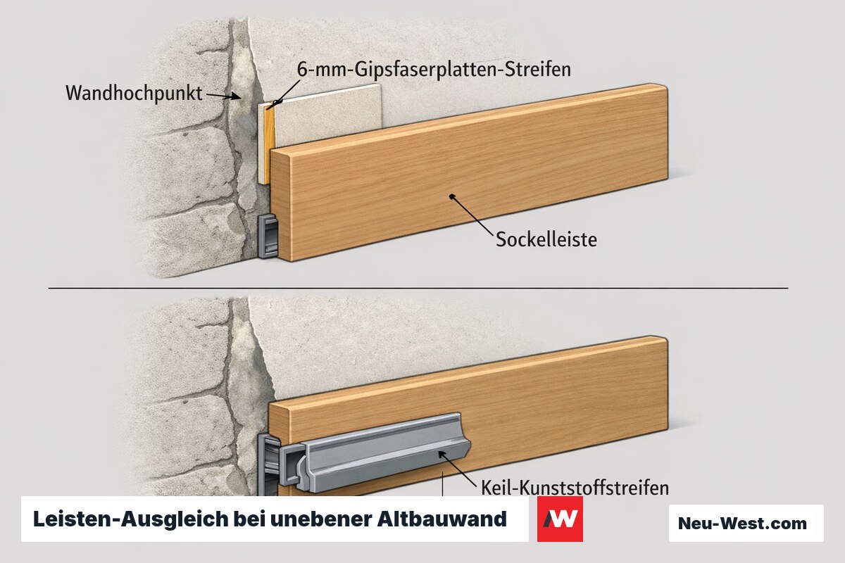 Querschnitt: Ausgleich unebener Altbauwand mit Gipsfaserplatten-Streifen als Referenzfläche und keilförmigem Kunststoff-Unterlegstreifen an der Sockelleiste.