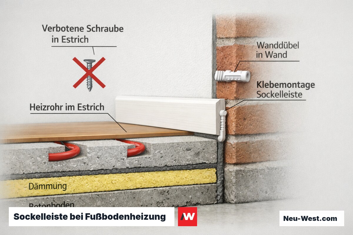 Querschnitt Fußbodenheizung mit Estrich und Heizrohr: verbotene Schraube im Estrich, zulässiger Wanddübel und Klebemontage der Sockelleiste an der Wand.