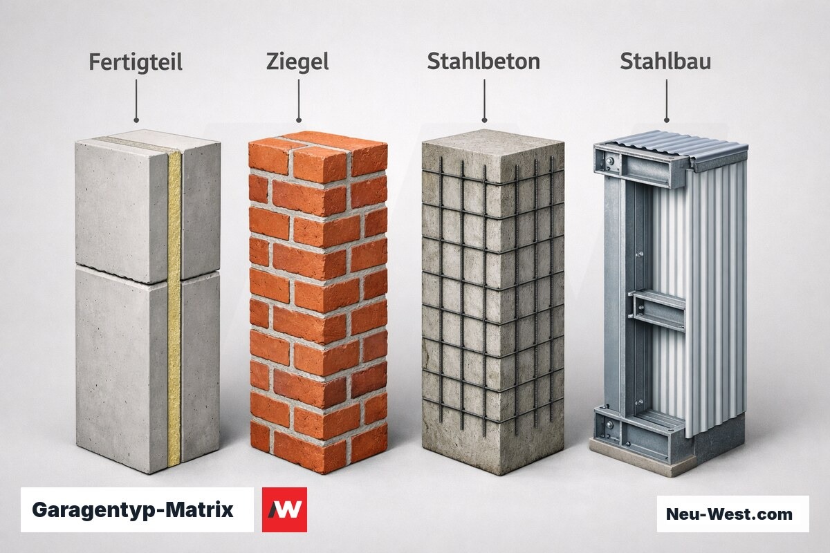 Garagentyp-Matrix: Bauweise, Abbruchverfahren und Recyclingquote im Vergleich – Erklär-Grafik (NEUWEST Berlin)