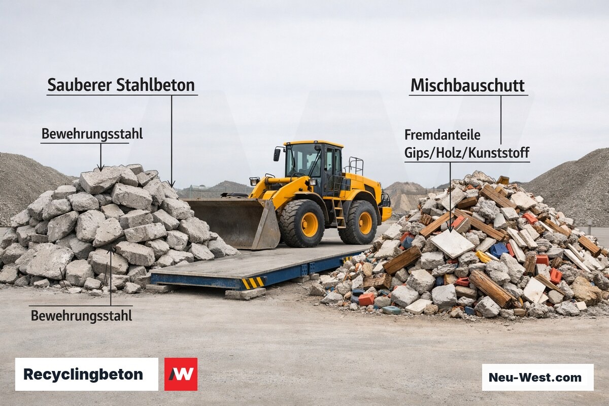 Vergleichs-Illustration: sortierter Stahlbeton mit Bewehrung gegenüber Mischbauschutt mit Gips-, Holz- und Kunststoff-Fremdanteilen auf dem Recyclinghof.