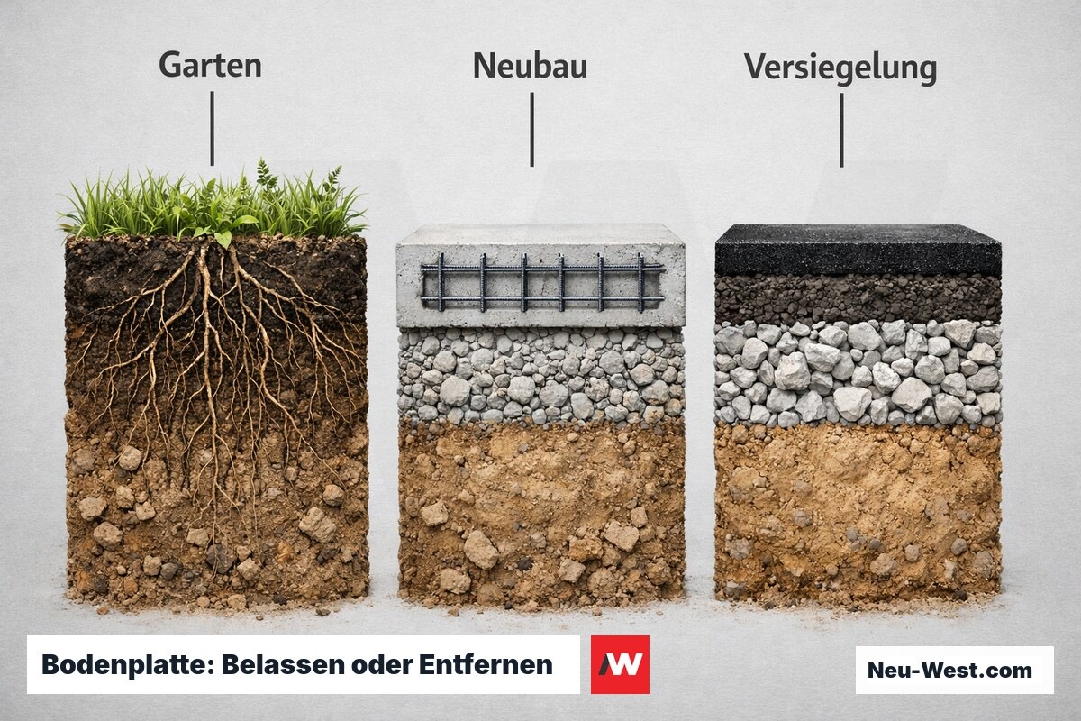 Bodenplatte: Belassen oder Entfernen — Entscheidungsmatrix nach Folgenutzung – Erklär-Grafik (NEUWEST Berlin)