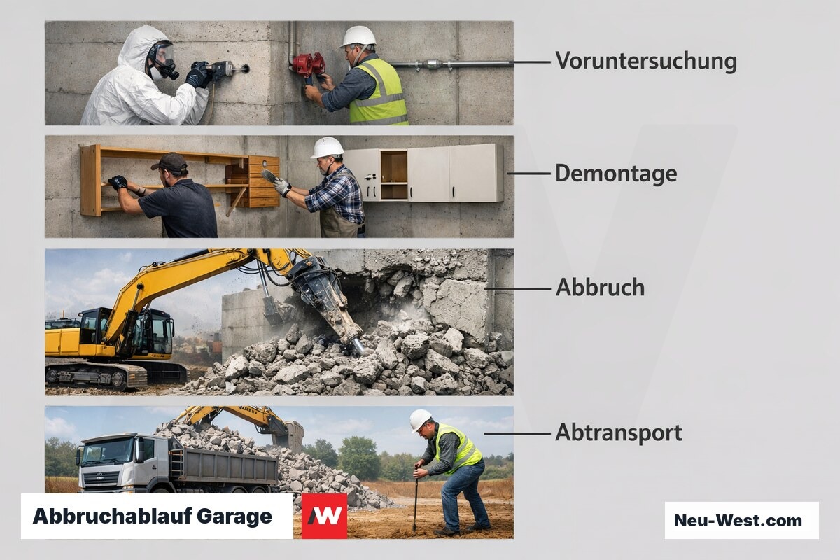 Abbruchablauf Garage: 4 Pflichtphasen von der Voruntersuchung bis zur Baugrundkontrolle – Erklär-Grafik (NEUWEST Berlin)