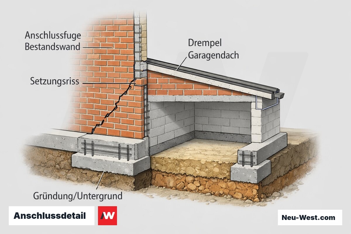 Querschnitt der angebauten Garage am Wohnhaus mit Anschlussfuge, Setzungsriss im Mauerwerk, absackendem Drempel und unterschiedlichem Baugrund.