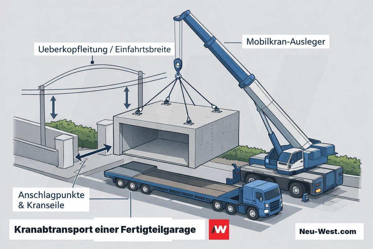 Erklär-Grafik: Mobilkran hebt intakte Fertigteilgarage an Anschlagpunkten auf Tieflader; Einfahrtsbreite und Überkopfleitung als Grenzen markiert.