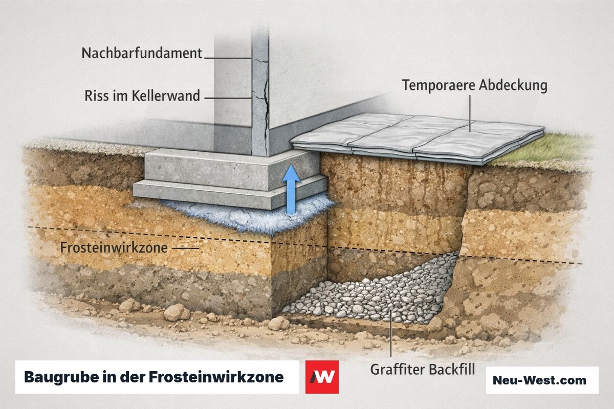 Querschnitt: offene Baugrube neben Nachbarfundament, Frostlinie, Frosthebung mit Riss in Kellerwand, temporäre Abdeckung und Teilverfüllung.