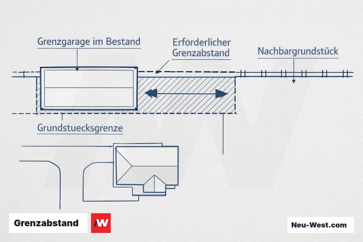 Lageplan einer Grenzgarage auf der Grundstücksgrenze mit eingezeichnetem erforderlichem Grenzabstand für einen Neubau gegenüber dem Nachbargrundstück.