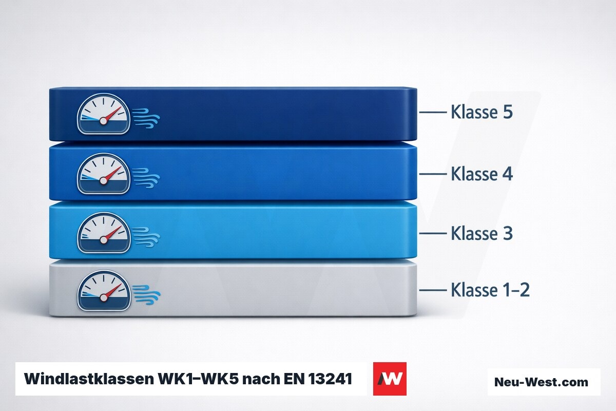 Windlastklassen WK1–WK5 nach EN 13241 / EN 12424 – Erklär-Grafik (NEUWEST Berlin)