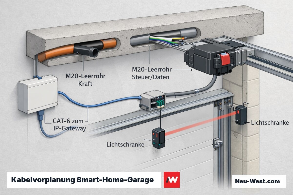 Querschnitt-Grafik einer Smart-Home-Garage: zwei getrennte M20-Leerrohre fuer Kraft und Daten, CAT-6 zum IP-Gateway, KNX-Bus und Lichtschranke am Torsturz.