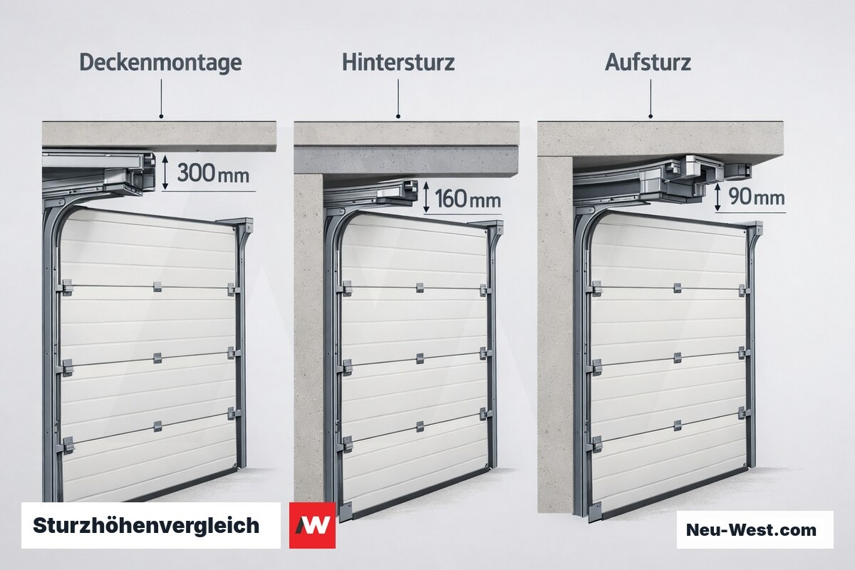 Sturzhöhenvergleich: Deckenmontage, Hintersturz und Aufsturz – Erklär-Grafik (NEUWEST Berlin)