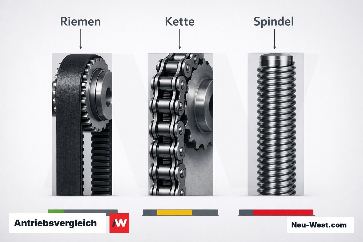 Antriebsvergleich: Riemen, Kette und Spindel nach Schallpegel, Kraft und Wartungsaufwand – Erklär-Grafik (NEUWEST Berlin)