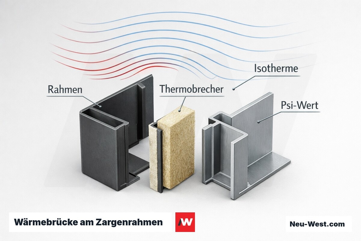 Wärmebrücke am Zargenrahmen: Ψ-Wert mit und ohne Thermobrecherprofil – Erklär-Grafik (NEUWEST Berlin)