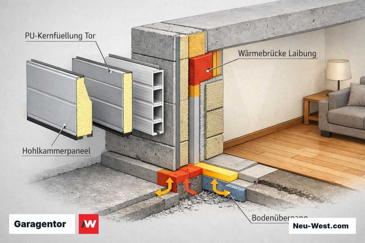 Bauteil-Querschnitt eines Garagentors mit PU-Kern gegenüber Hohlkammerpaneel sowie Wärmebrücken an Laibung und Bodenübergang zum Wohnraum.