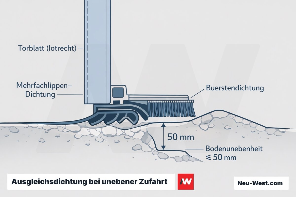 Querschnitt eines lotrechten Torblatts mit profilierter Mehrfachlippen-Bodendichtung, die eine bis 50 mm unebene Betonzufahrt ausgleicht.