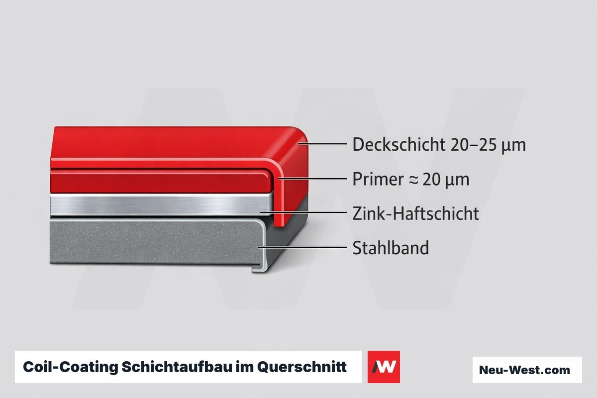 Querschnitt eines coil-beschichteten Stahlbands mit Zinkschicht, Primer und Polyester-Deckschicht sowie rissfreier Kantenumformung