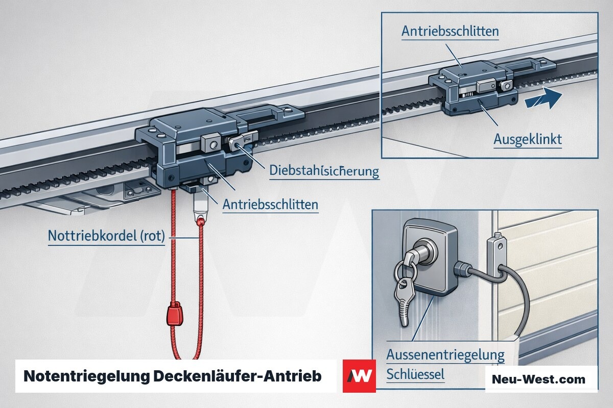 Cutaway eines Deckenläufer-Antriebs mit roter Nottriebkordel, entkoppelbarem Schlitten, Diebstahlsicherung und Außenentriegelung per Schlüsselschalter.