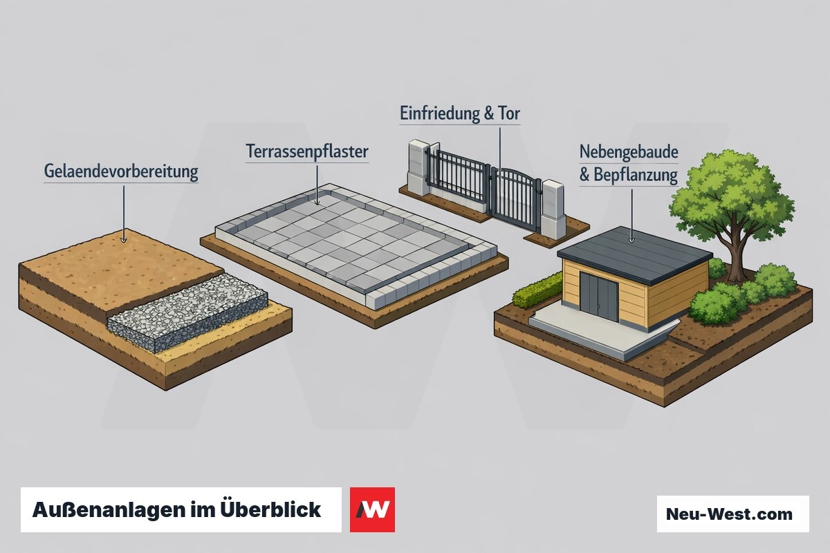 Cutaway-Illustration der Außenanlagen: Geländevorbereitung, befestigte Terrasse, Einfriedung mit Tor, Nebengebäude und Bepflanzung als getrennte Gewerke ums Haus.