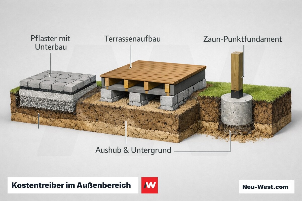 Querschnitt zeigt Pflaster mit Unterbau, Terrassenaufbau, Zaunfundament und Aushub als Kostentreiber bei Außenanlagen.
