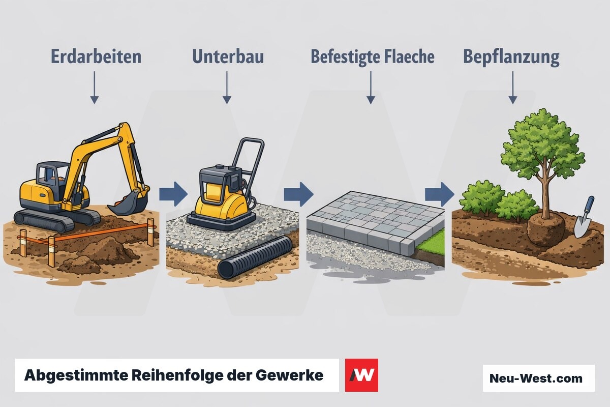 Prozess-Sequenz der Außenanlagen-Gewerke: Erdarbeiten, Unterbau, befestigte Fläche und Bepflanzung in technisch abgestimmter Reihenfolge.