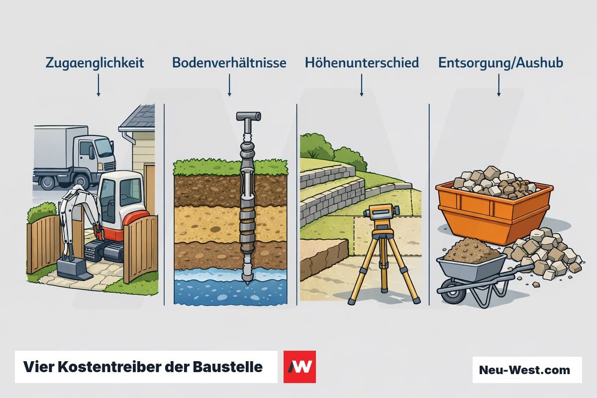 Vergleichsdiagramm mit vier Kostentreibern bei Außenanlagen: enge Zufahrt, Bodenverhältnisse, Höhenunterschied und Entsorgung des Aushubs.