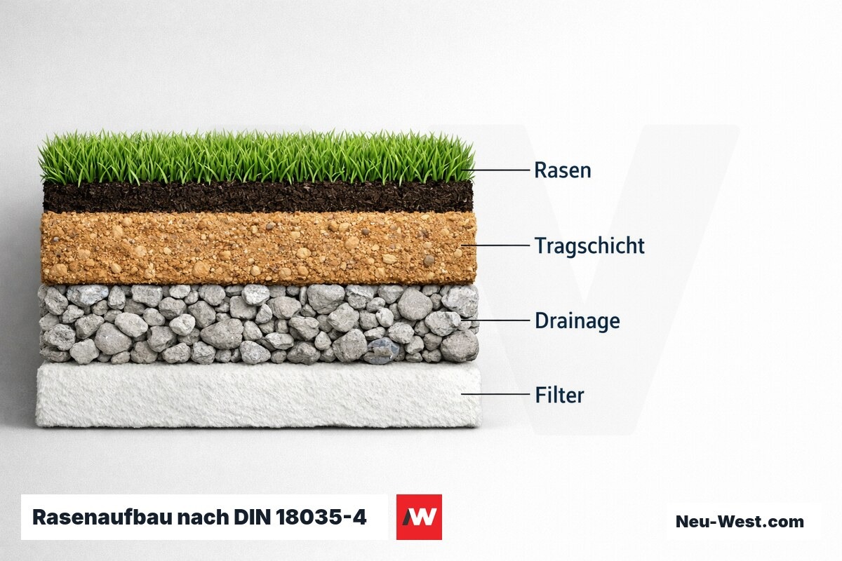 Rasenaufbau nach DIN 18035-4: Schichtenmodell mit Schichtdicken – Erklär-Grafik (NEUWEST Berlin)