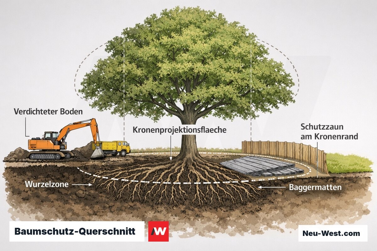 Querschnitt eines Baums auf der Baustelle: Wurzelzone, Kronenprojektionsfläche, Baggermatten und Schutzzaun gegen Bodenverdichtung.