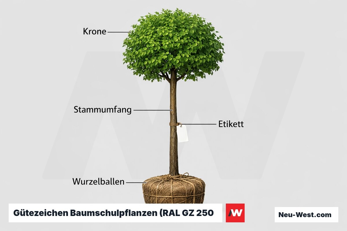 Gütezeichen Baumschulpflanzen (RAL GZ 250 / FLL): Qualitätsstufen und Kennzeichnung – Erklär-Grafik (NEUWEST Berlin)