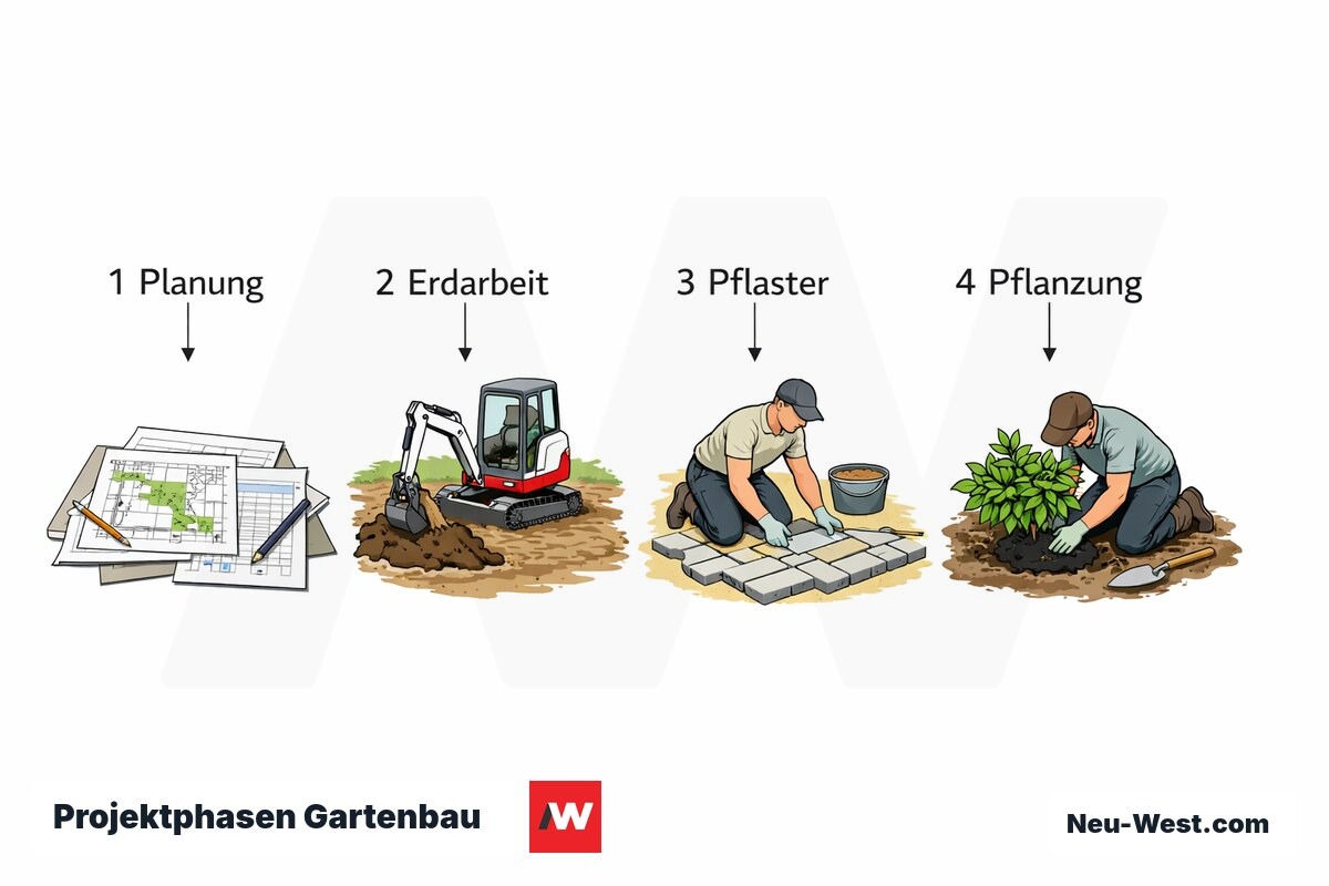 Projektphasen Gartenbau: Ablauf und kritischer Pfad – Erklär-Grafik (NEUWEST Berlin)