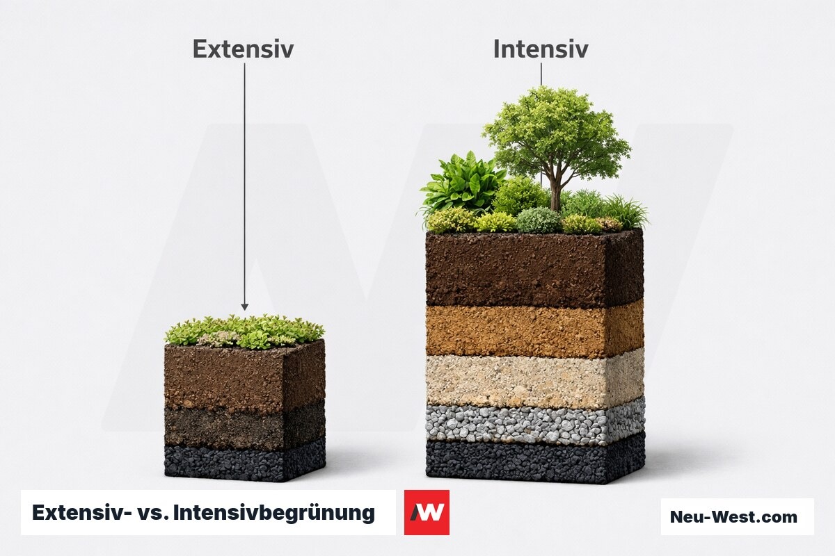 Extensiv- vs. Intensivbegrünung: Schichtdicken und Flächenlasten im Vergleich – Erklär-Grafik (NEUWEST Berlin)