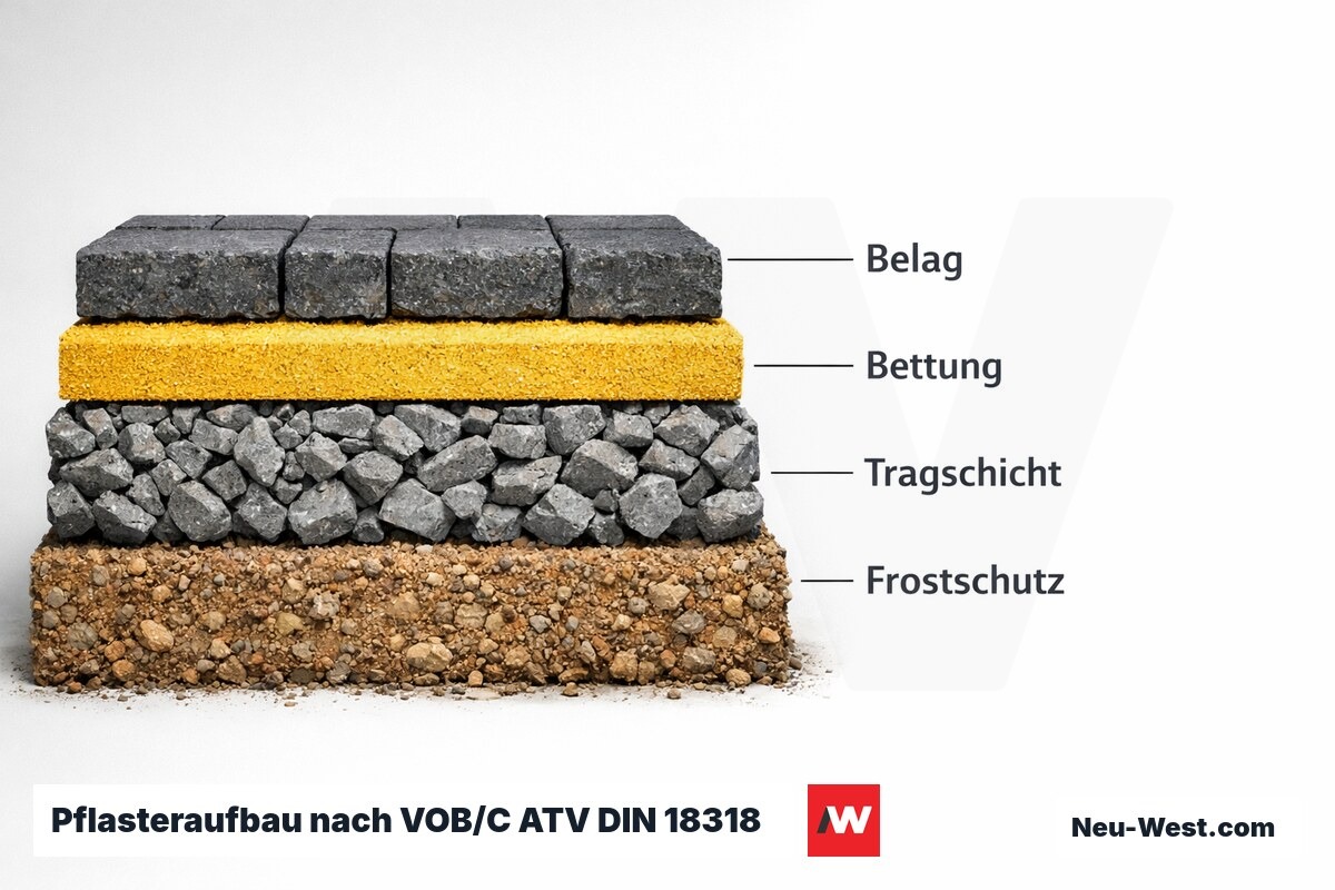 Pflasteraufbau nach VOB/C ATV DIN 18318: Schichtdicken und Maßtoleranzen – Erklär-Grafik (NEUWEST Berlin)