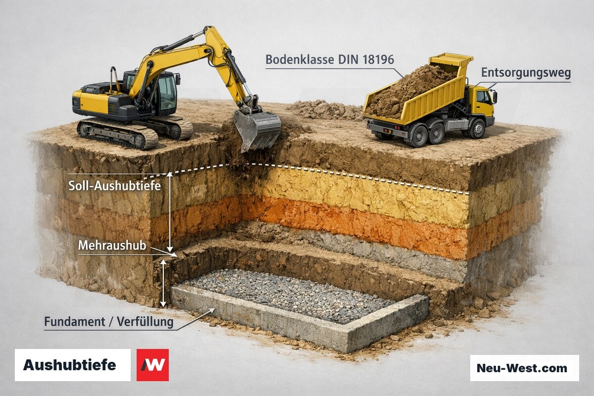 Querschnitt einer Baugrube mit Bodenschichten, Soll-Aushubtiefe, vergütungspflichtigem Mehraushub, Bodenklasse und Entsorgungsweg per Kipplaster.