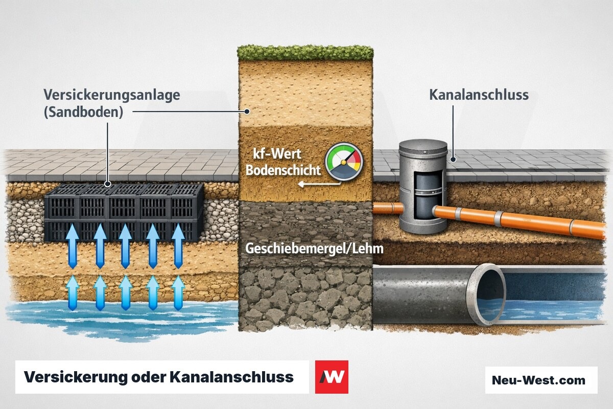 Querschnitt vergleicht Versickerungsanlage im Sandboden mit Kanalanschluss, dazwischen Bodenprofil mit Geschiebemergel und kf-Wert-Bewertung.