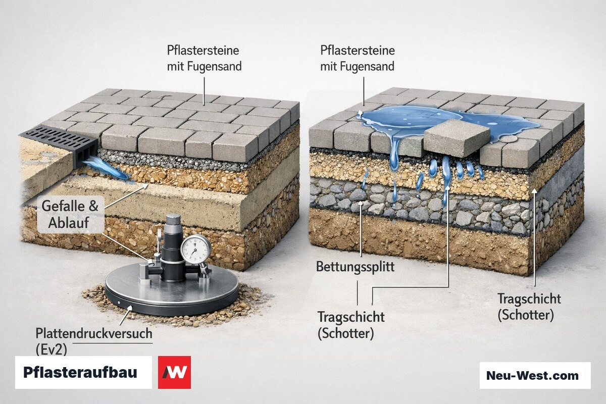 Querschnitt eines Pflasteraufbaus mit Tragschicht, Bettungssplitt, korrektem Gefälle mit Ablauf gegenüber Frosthebung durch stehendes Wasser sowie Plattendruckversuch.