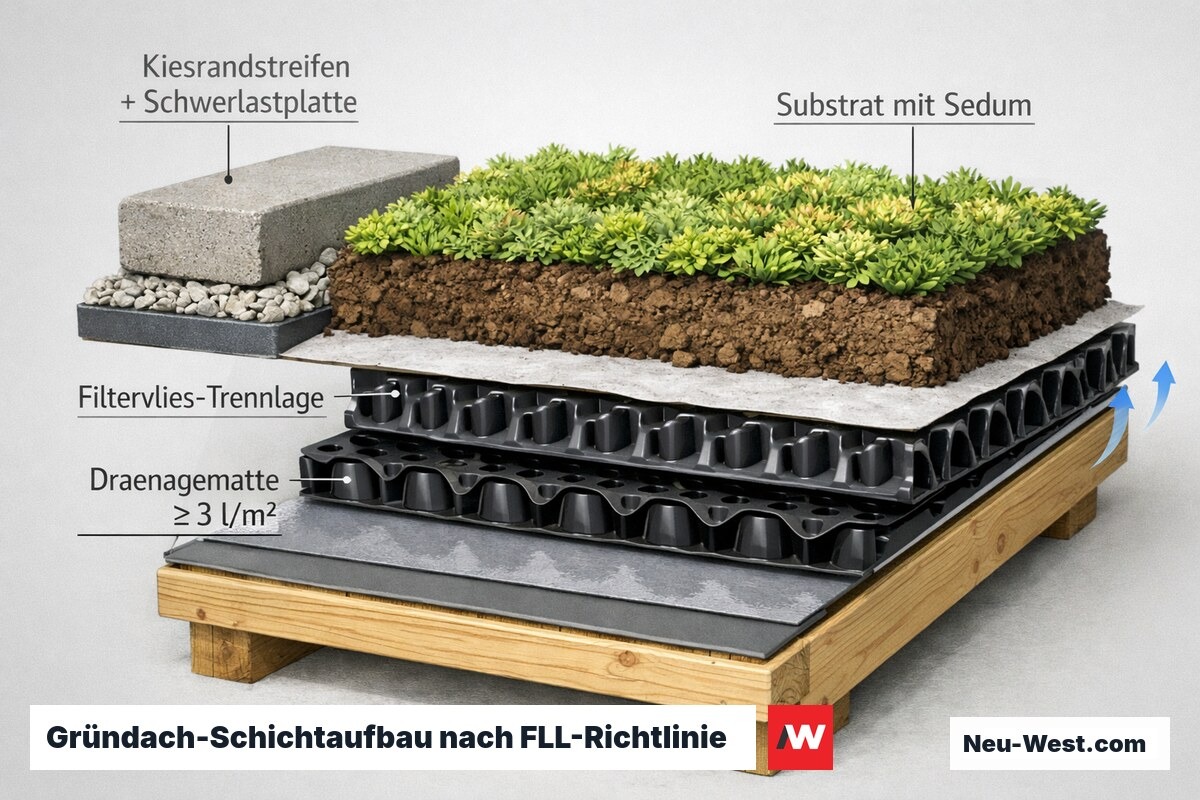 Querschnitt eines Extensiv-Gründachs auf Gartenhaus: Dränagematte, Filtervlies, Substrat und Kiesrandstreifen mit Schwerlastplatte zur Windsogsicherung.
