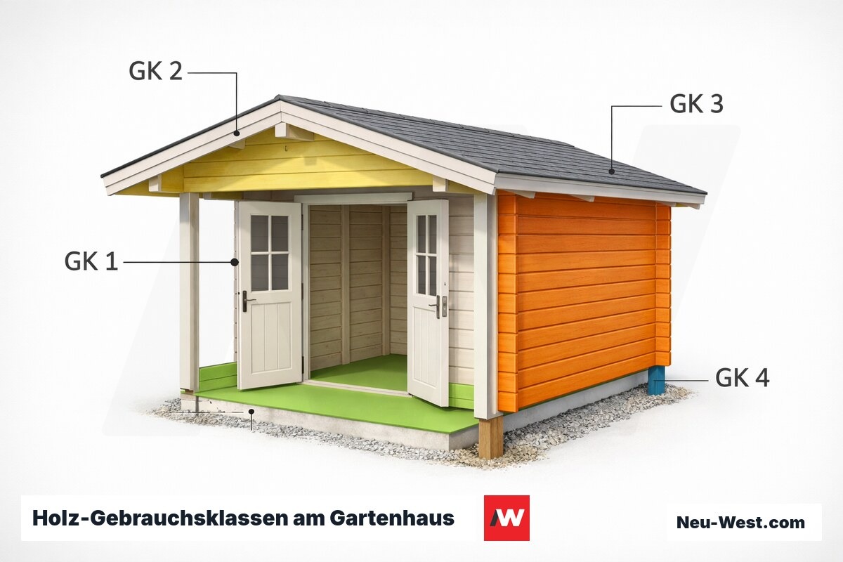 Holz-Gebrauchsklassen am Gartenhaus (DIN 68800-1) – Erklär-Grafik (NEUWEST Berlin)