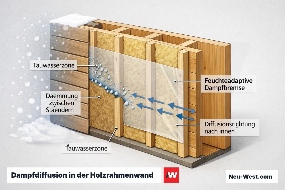 Wandquerschnitt Holzrahmenbau mit feuchteadaptiver Dampfbremse, Diffusionsrichtung und Tauwasserzone an der kalten Seite im Winter.