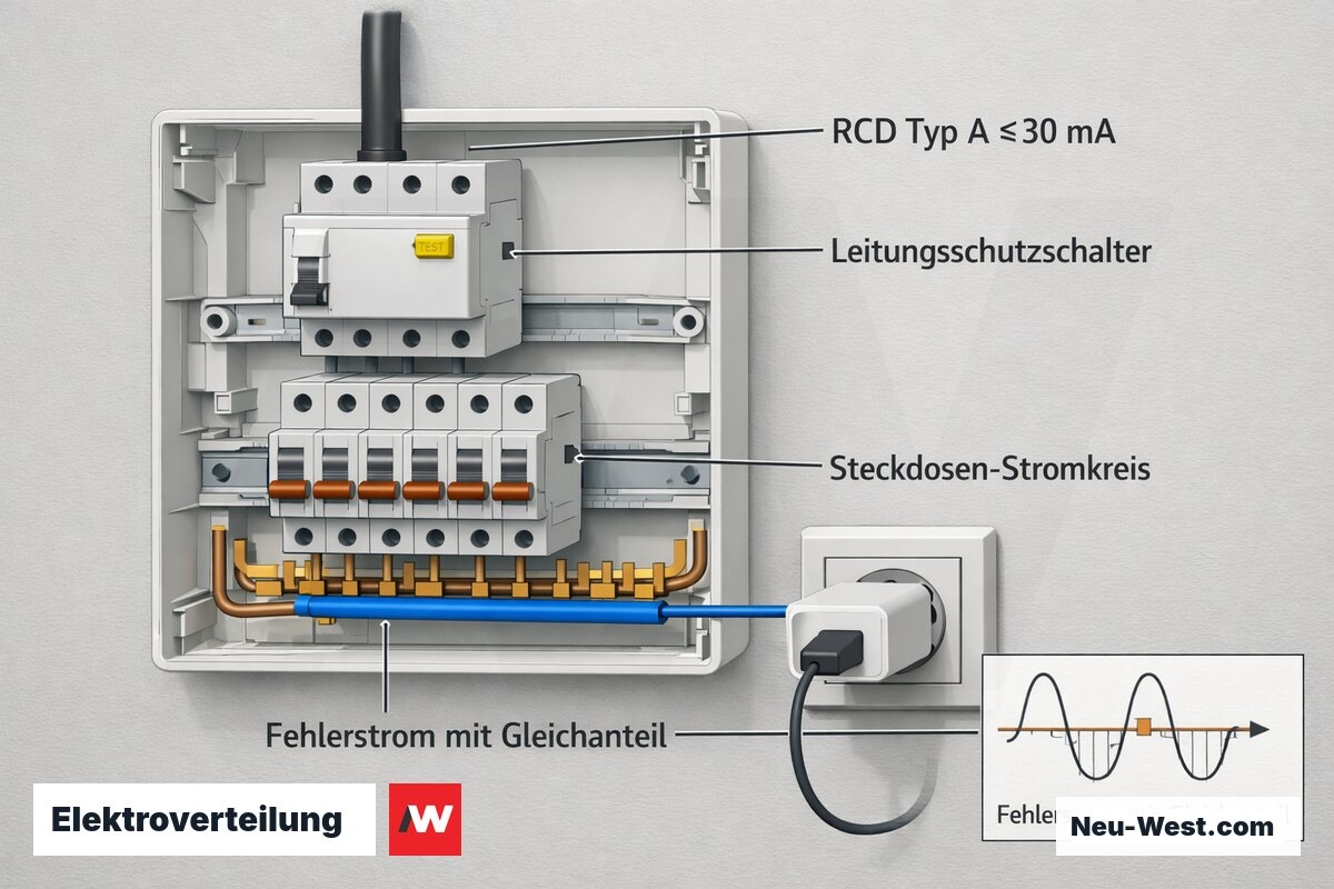 Schnittdarstellung eines Sicherungskastens mit RCD Typ A, Leitungsschutzschaltern und Steckdosen-Stromkreis mit elektronischem Verbraucher und Gleichanteil im Fehlerstrom.