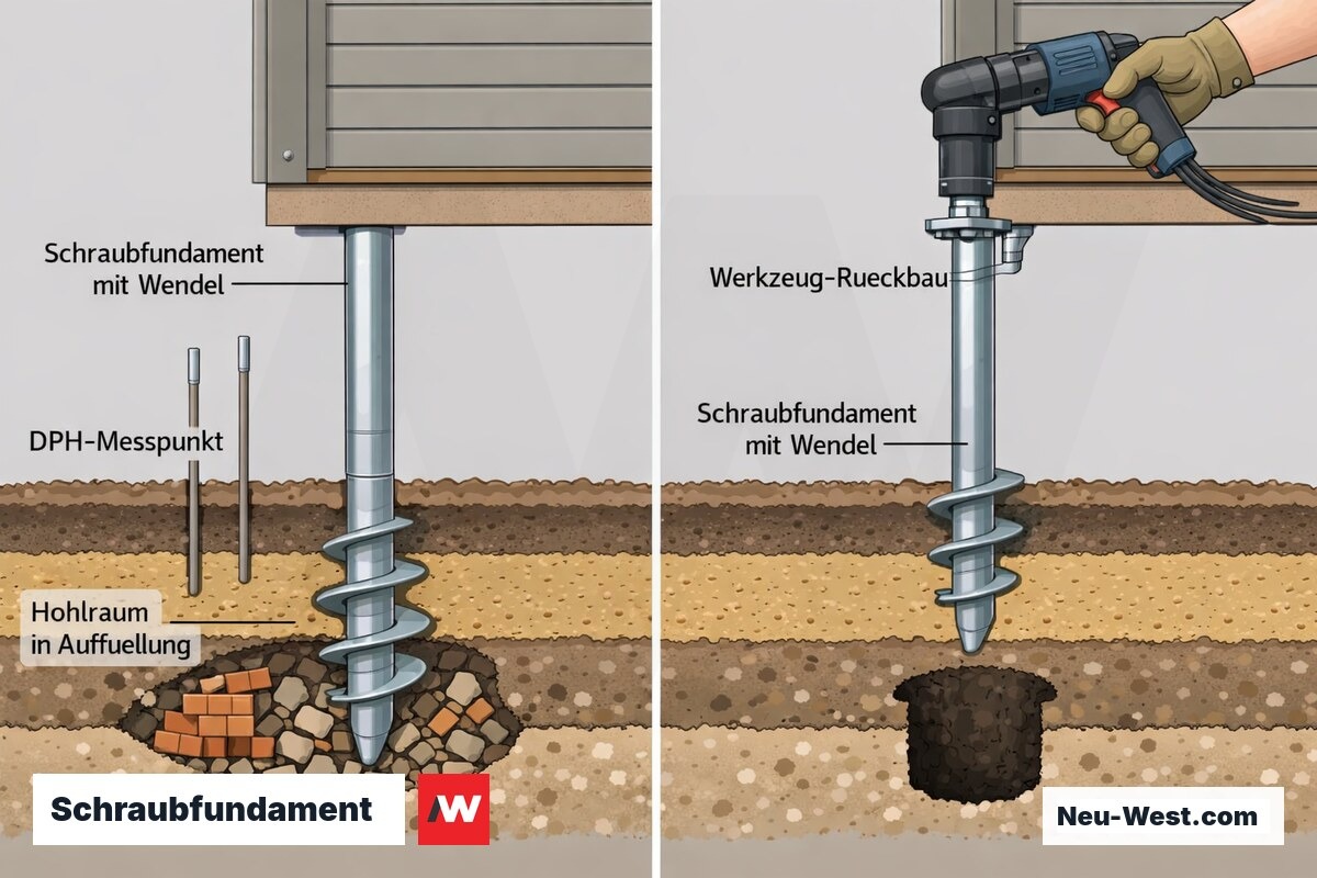 Querschnitt eines Schraubfundaments im Bodenaufbau mit DPH-Messpunkten, Hohlraum in Auffüllung und werkzeugmäßigem Rückbau ohne Beton.