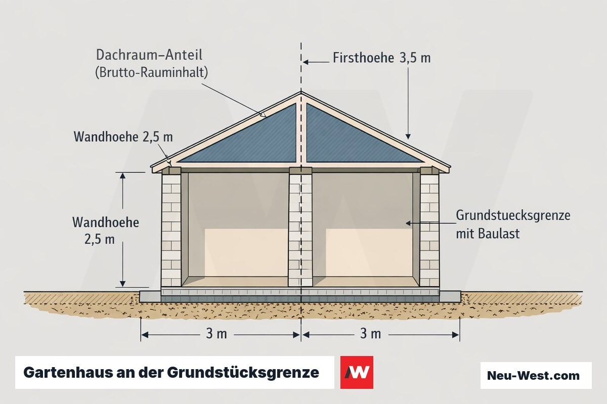 Querschnitt eines 3×3-m-Gartenhauses mit Satteldach an der Grundstücksgrenze, mit Wand- und Firsthöhe sowie eingezeichnetem Dachraum-Anteil am Brutto-Rauminhalt.