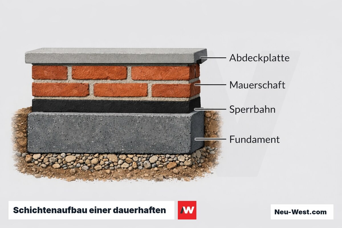 Schichtenaufbau einer dauerhaften Gartenmauer – Erklär-Grafik (NEUWEST Berlin)