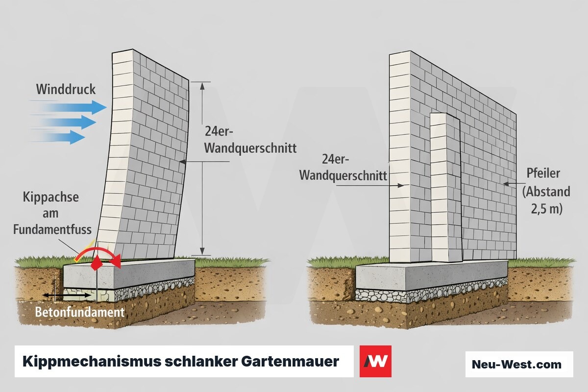 Querschnitt: schlanke 24er-Gartenmauer kippt um Fundamentfuß unter Winddruck; Pfeilerverstärkung im Abstand 2,5 m stabilisiert die Wand.