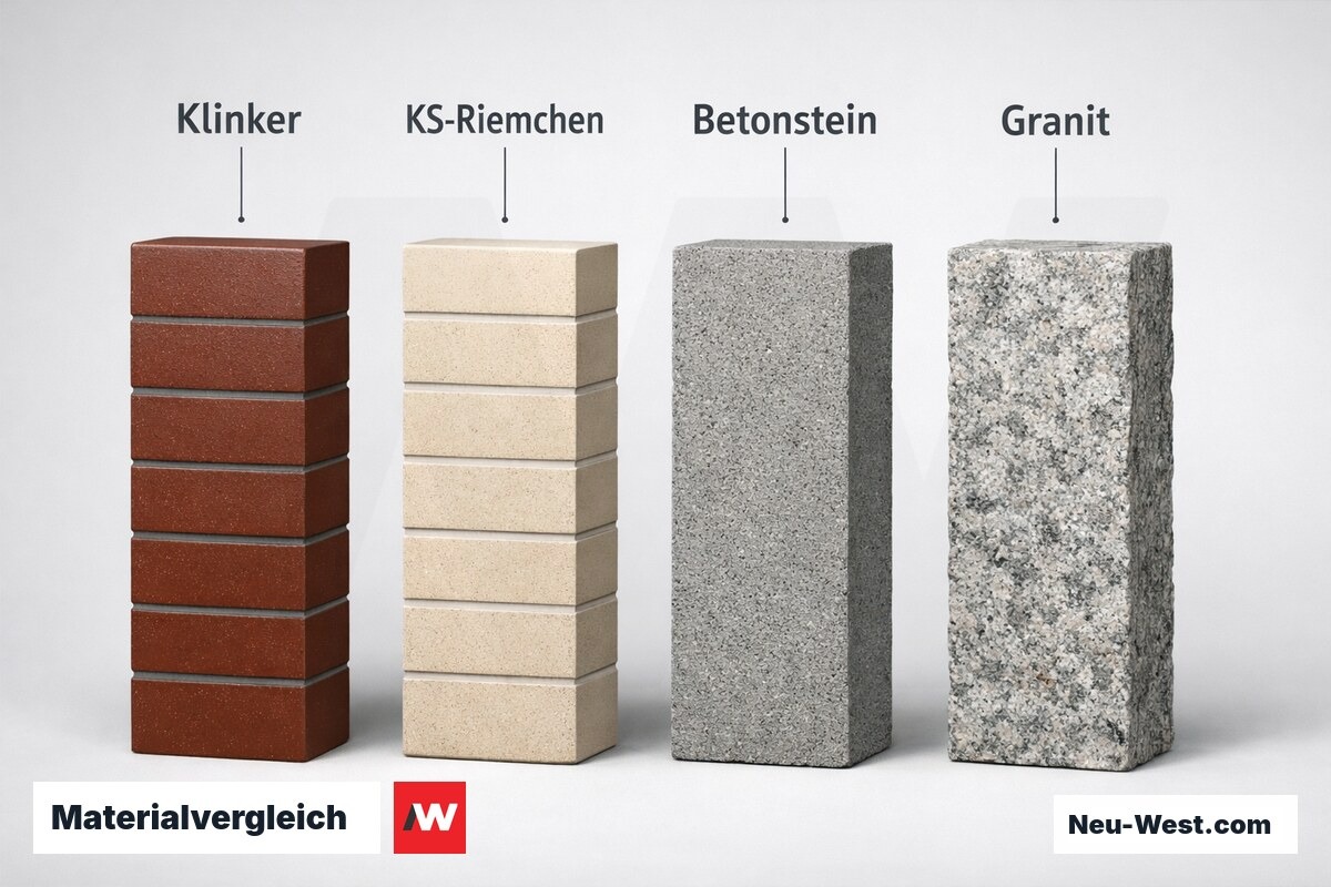 Materialvergleich: Klinker, KS-Riemchen, Betonformstein, Naturstein (Granit) – Erklär-Grafik (NEUWEST Berlin)