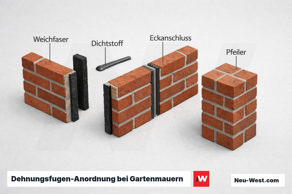 Dehnungsfugen-Anordnung bei Gartenmauern — Aufbau und Lage – Erklär-Grafik (NEUWEST Berlin)