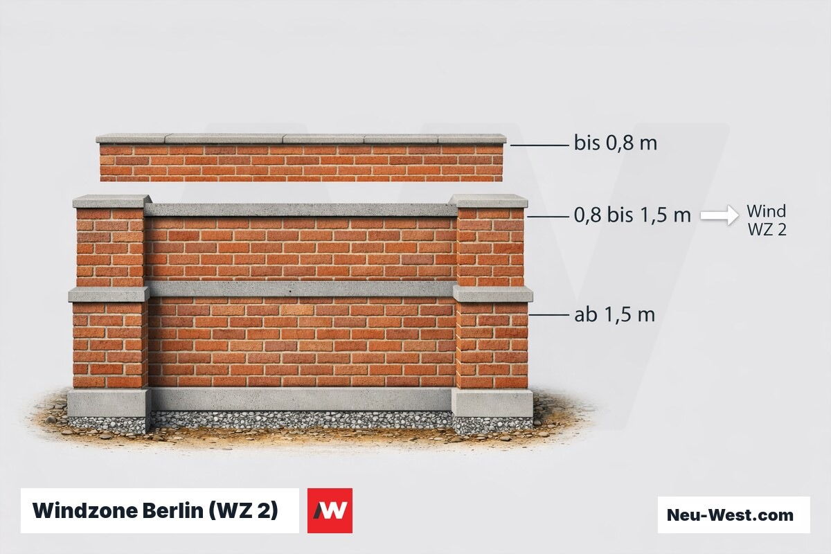 Windzone Berlin (WZ 2) — Mindestdicken freistehender Mauern nach Wandhöhe – Erklär-Grafik (NEUWEST Berlin)
